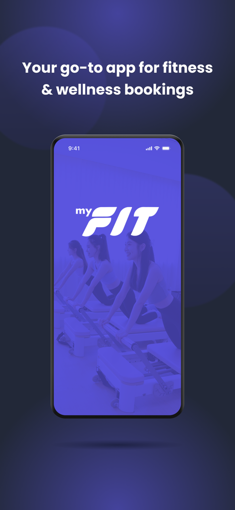 MyFit: Wellness Bookings - MyFit app splash screen for fitness and wellness bookings featuring people in a Pilates class