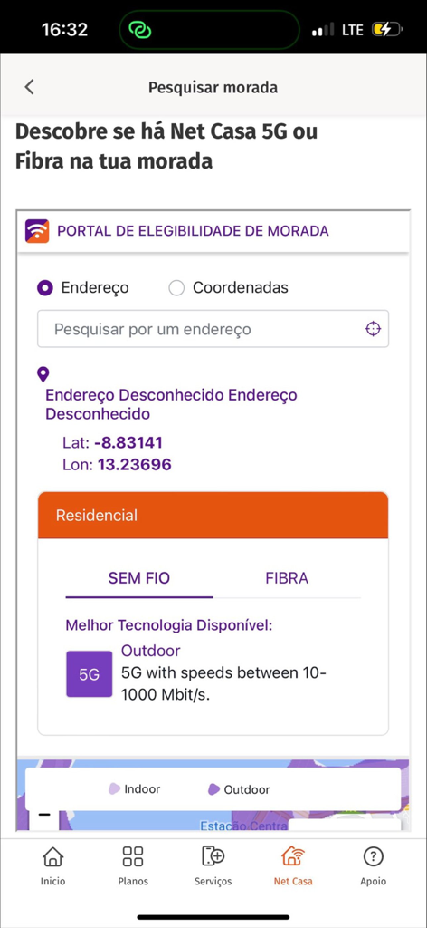 MyUnitel app screen showing 5G and fiber internet coverage search for home internet services
