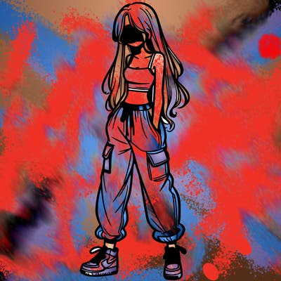 girl in baggy pants crop top and long hair