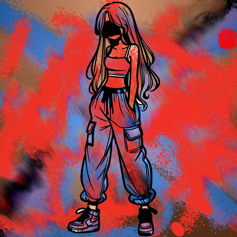 girl in baggy pants crop top and long hair