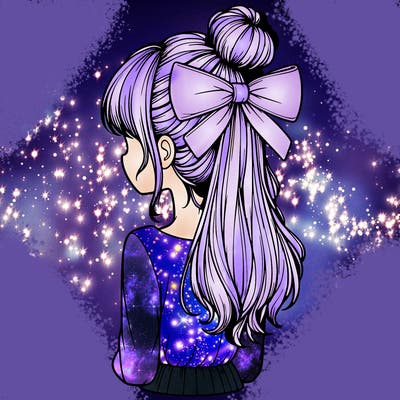 realistic girl  with hip length hair a bun and a big bow on the back of head