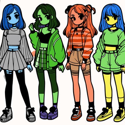 one girl with crop-top shirt and a jacket with a skirt, long socks and another girl with a shirt and pants with a jacket