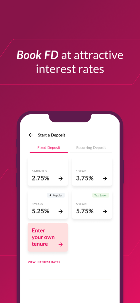 Axis Bank Mobile Banking - Axis Bank app interface showing various fixed deposit interest rate options for different tenures.