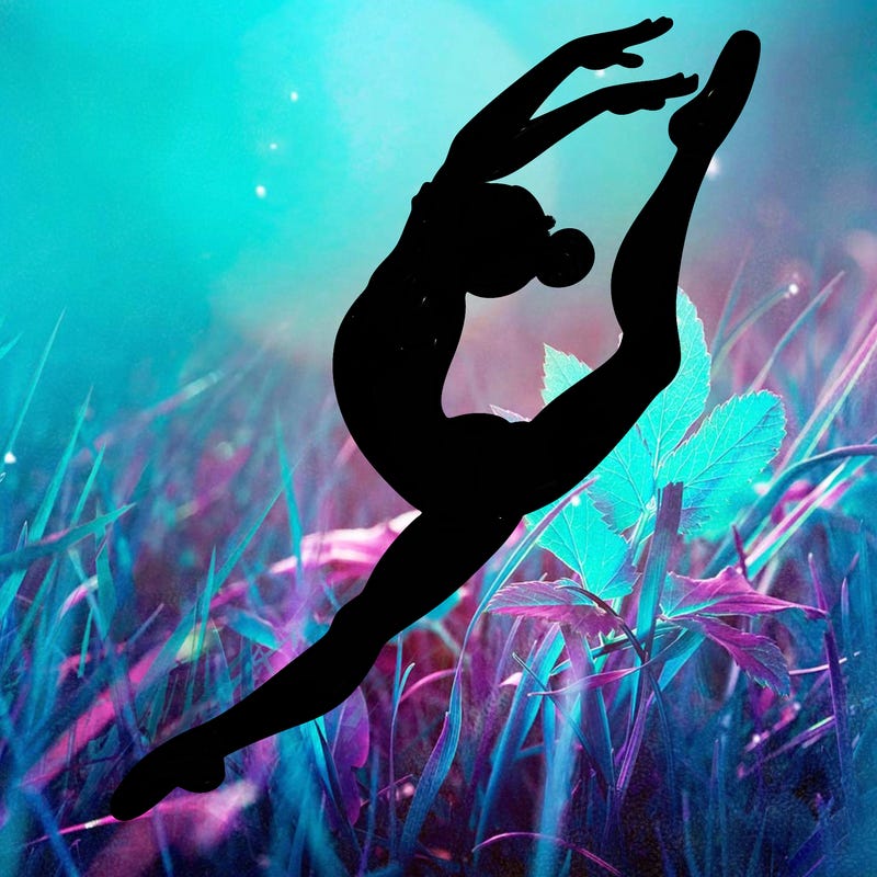 gymnast doing a leap in a leotard with a bent back leg