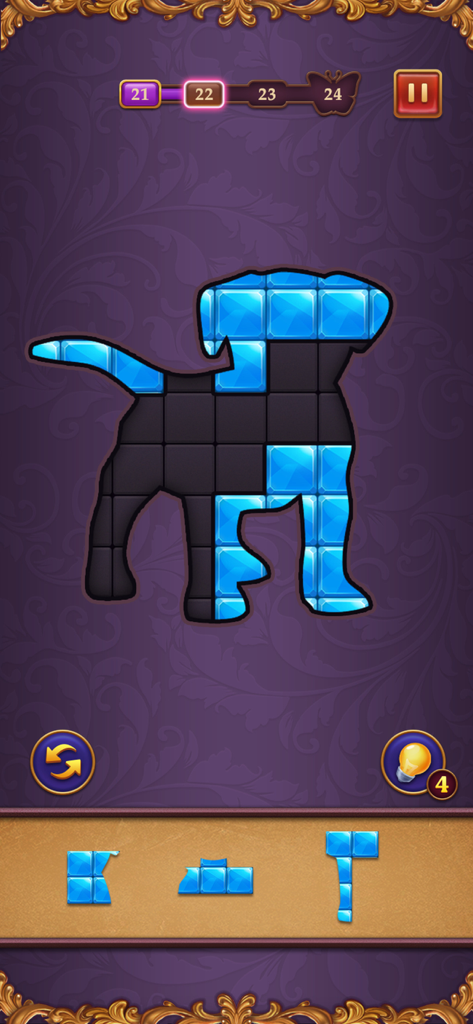 Block Puzzle: Diamond Star - Blocos de joias azuis sendo colocados em uma silhueta de cachorro em um nível de jogo de quebra-cabeça de encaixe