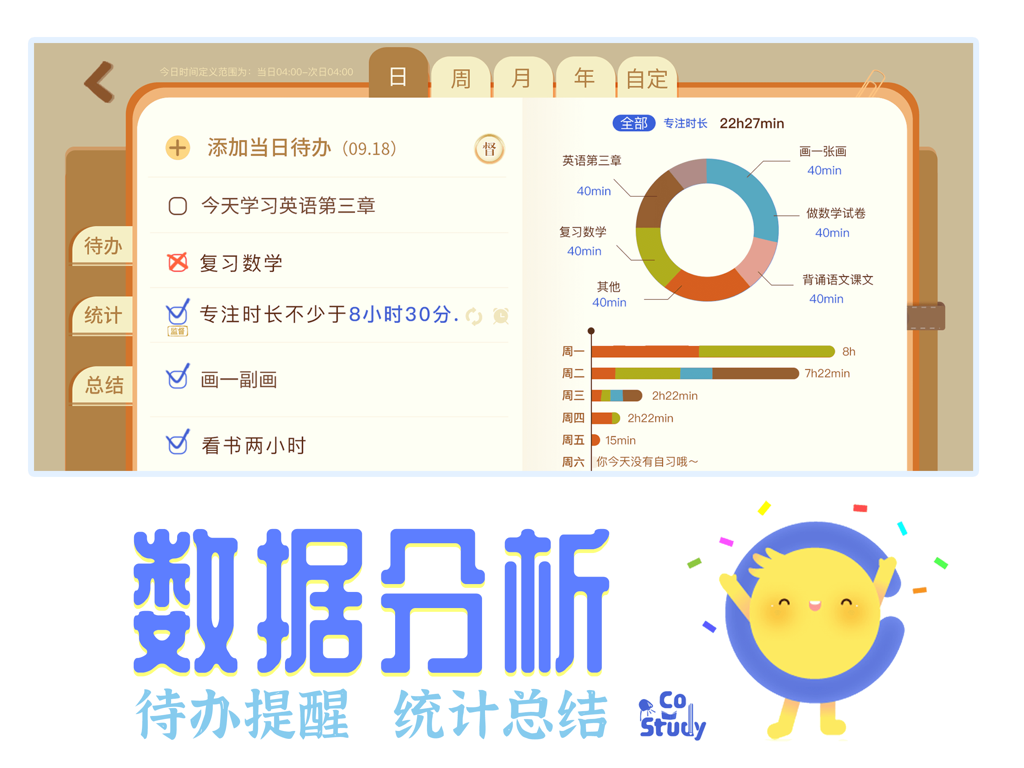 CoStudy HD app screenshot showing a study to-do list and daily focus time statistics