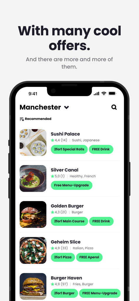 NeoTaste - NeoTaste app interface showing restaurant deals and 2 for 1 food offers