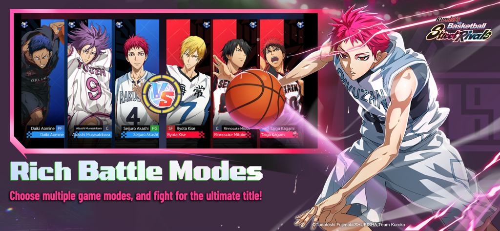 Kurokos Basketball Street Rivals game screenshot displaying various battle modes and anime character selection
