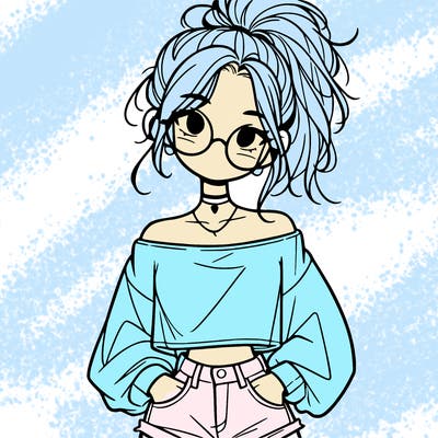 girl with a messy ponytail glasses a baggy crop top and jean shorts