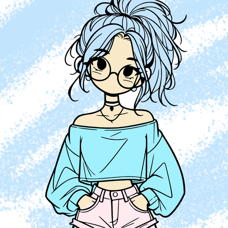 girl with a messy ponytail glasses a baggy crop top and jean shorts