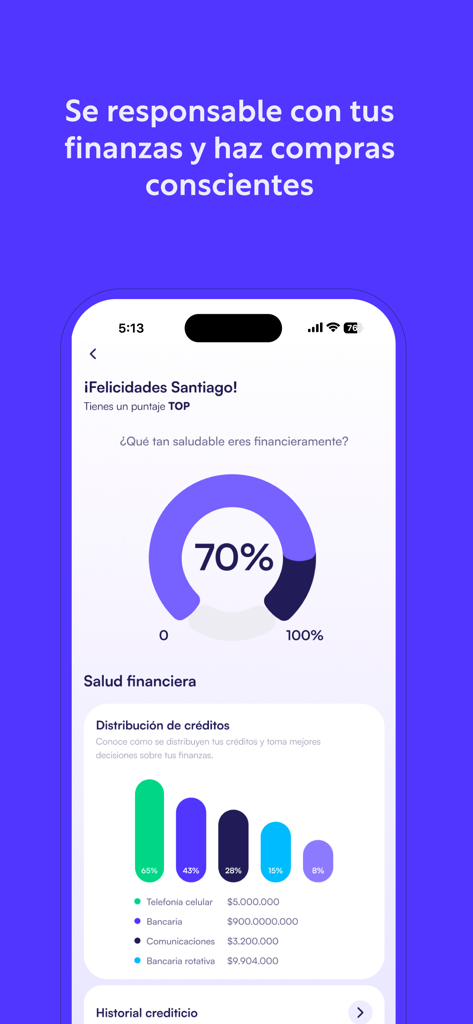 Creditop - Panel de la app Creditop que muestra un puntaje de salud financiera del 70 por ciento y un gráfico de distribución de crédito