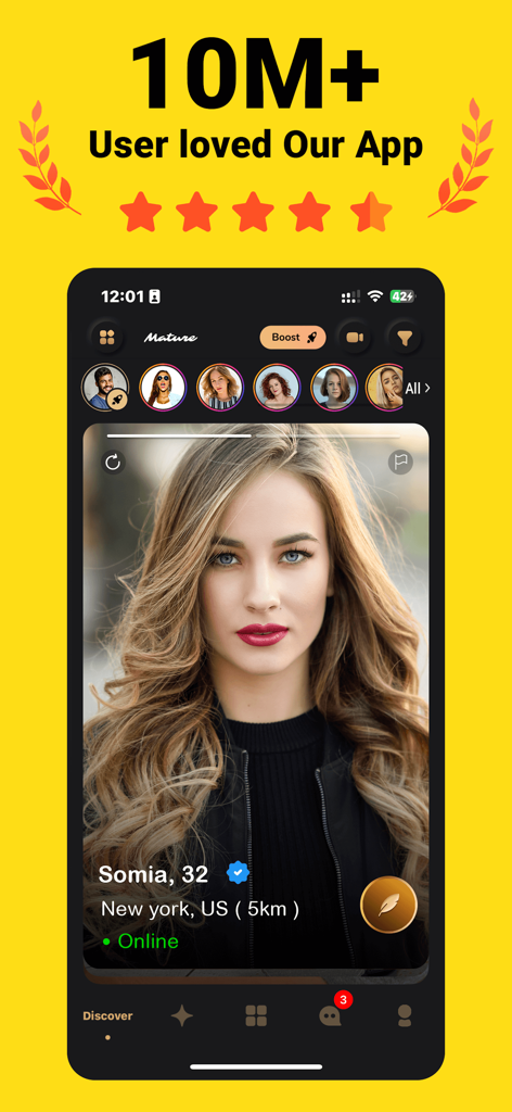 Mature Dating App- Flirt, Meet - Mature dating app screenshot showing a verified woman profile from New York with a five star rating and 10 million users milestone