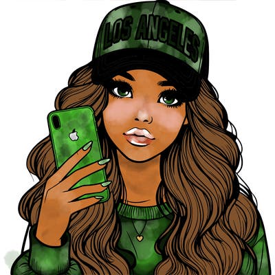 realistic beautiful girl wearing los ángeles cap holding an iphone