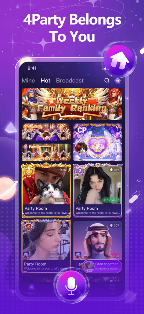 4Party- voice group chat rooms - Screenshot of 4Party app showing hot voice chat rooms and weekly rankings