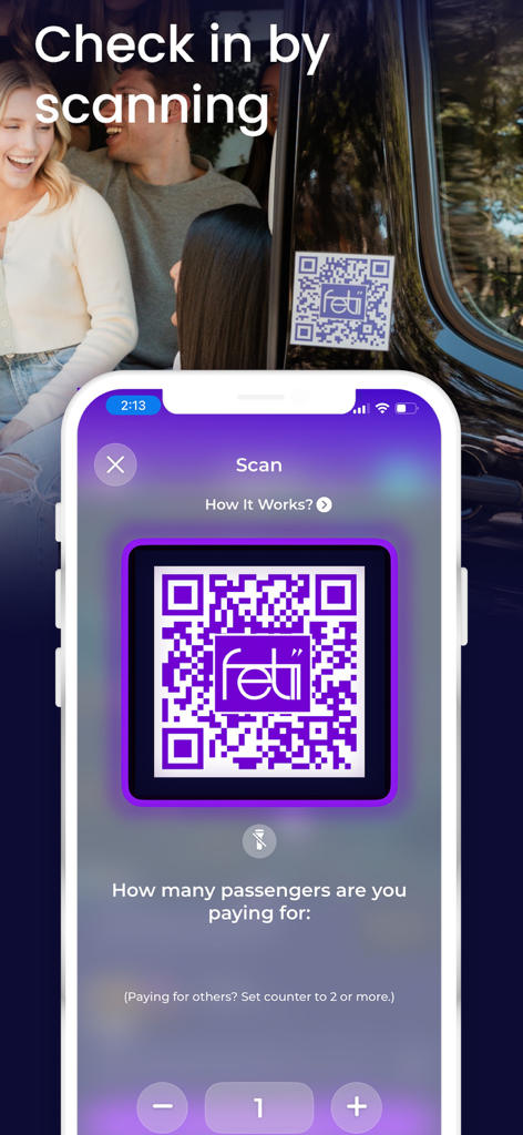 Fetii Ride - Interface de l'application Fetii montrant un scan de code QR pour l'enregistrement des trajets de groupe et le nombre de passagers