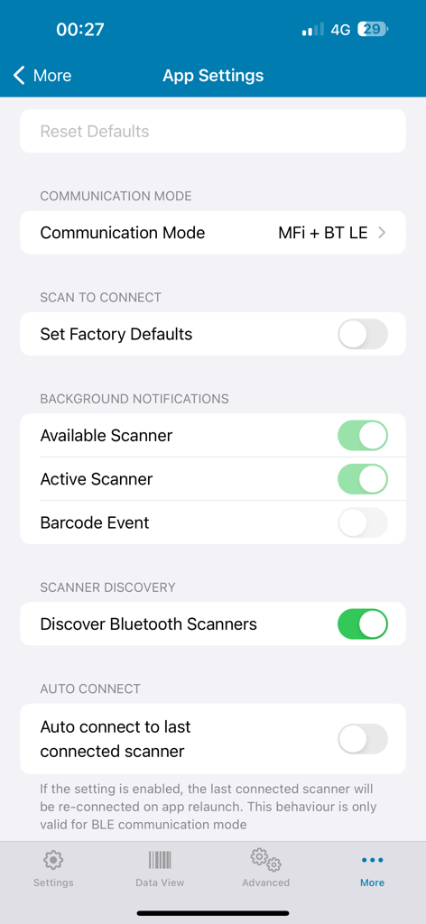 Tela de configurações do aplicativo Zebra Scanner Control com opções para modo de comunicação e descoberta de scanner