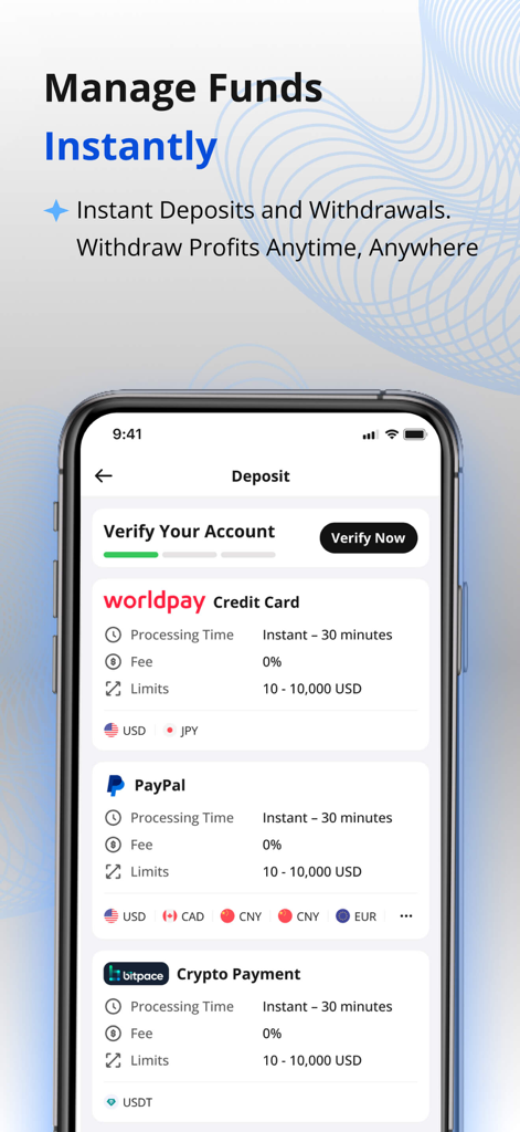 FXTRADING mobile app deposit interface showing various payment methods like PayPal and crypto.