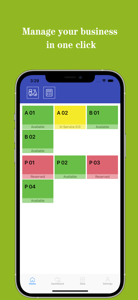 Tela de smartphone mostrando o aplicativo RestPOS com indicadores de status de mesa codificados por cores para gerenciamento de negócios
