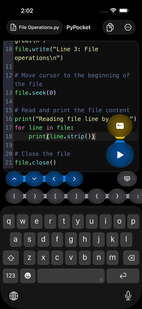 PyPocket - Interface of PyPocket Python editor on an iPhone showing file operations code with a specialized coding keyboard.