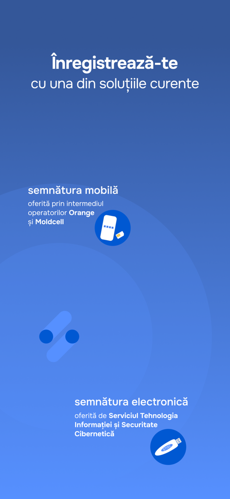 EVOSign (autentificare) - EVOSign-App-Bildschirm, der Registrierungsoptionen für mobile Signaturen und elektronische Signaturen in Moldau zeigt.