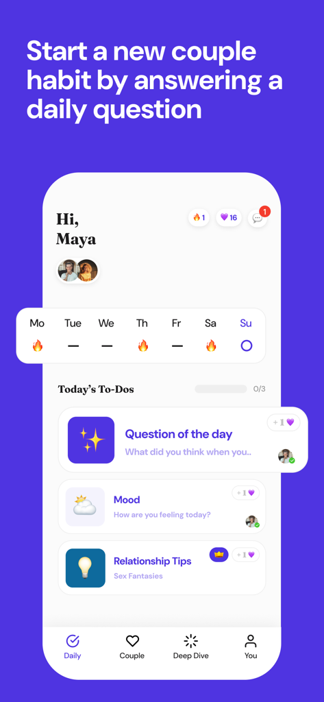recoupling: relationship, love - Tela inicial do aplicativo recoupling mostrando uma pergunta diária para casais e uma lista de tarefas de relacionamento.