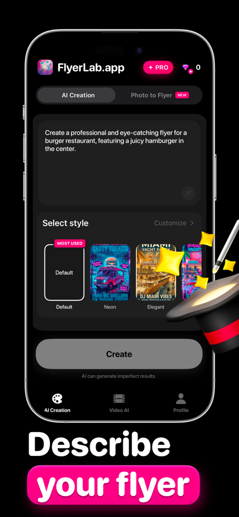 Interfaz de la aplicación FlyerLab para describir un flyer con una indicación de texto y seleccionar un estilo de diseño