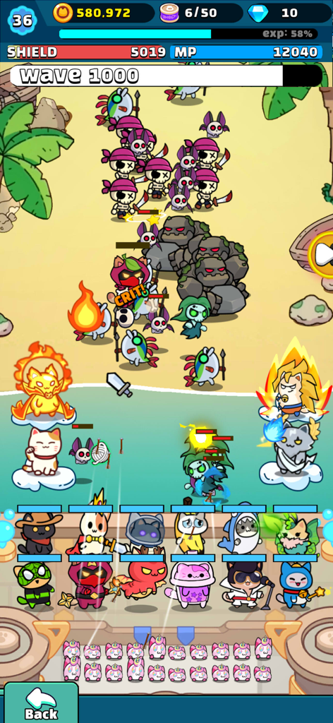 Kitty Keep™ - Kitty Keep mobile game screenshot showing cat heroes defending a beach against waves of pirate skeletons and rock golems