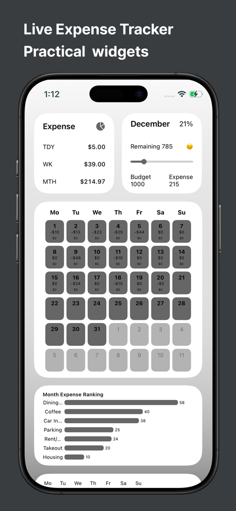SnapKoin: Fast Expense Tracker - SnapKoin app dashboard showing live expense widgets budget tracking progress a monthly spending calendar and category ranking charts
