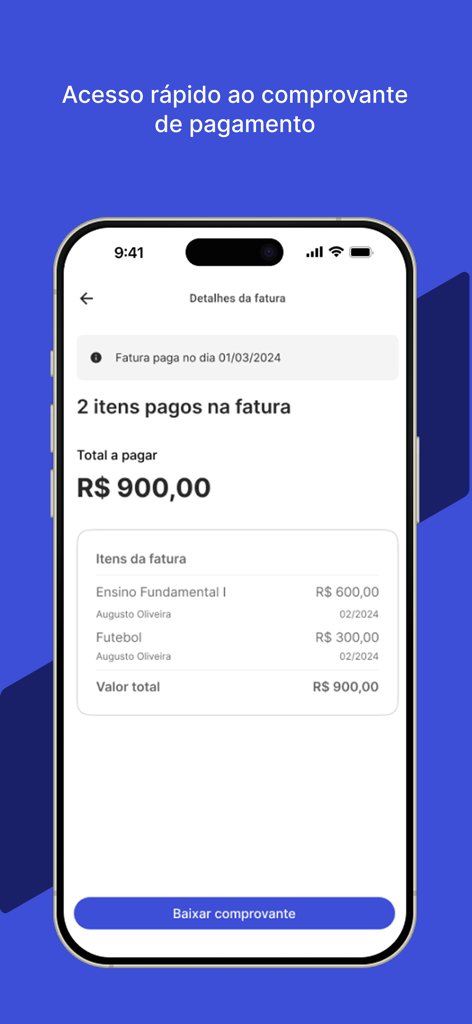 Meu Arco - Ein Smartphone zeigt eine detaillierte Schulrechnungsquittung in der Meu Arco App mit einer Download-Schaltfläche.