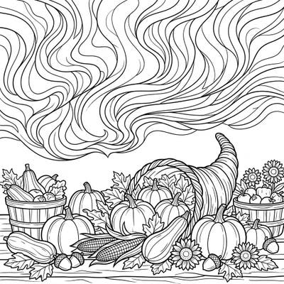 Experience a truly unique holiday blend with this captivating coloring page, combining the ethereal beauty of a green aurora with the heartwarming abundance of a Thanksgiving harvest. This intricate design offers a delightful way to celebrate gratitude and the wonders of nature.