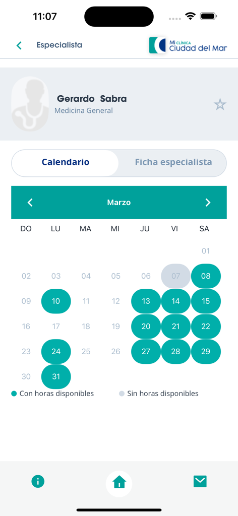 Clínica Ciudad del Mar - Calendario de disponibilidad de médicos para reservar citas médicas en la app Clinica Ciudad del Mar