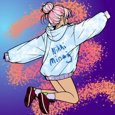 realistic girl jumping with a bun and oversized sweatshirt
