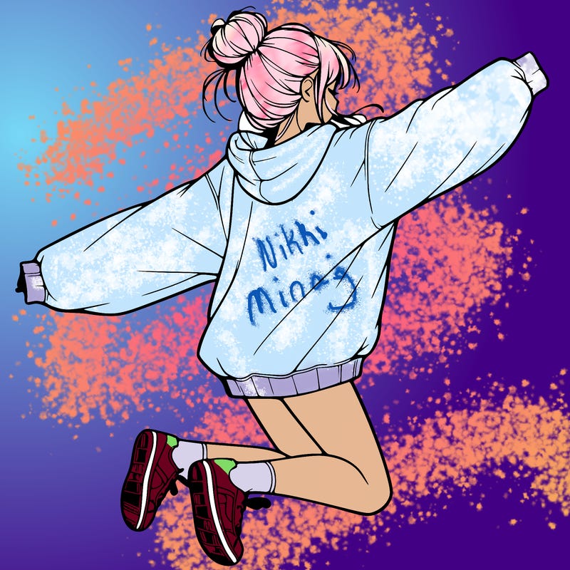 realistic girl jumping with a bun and oversized sweatshirt