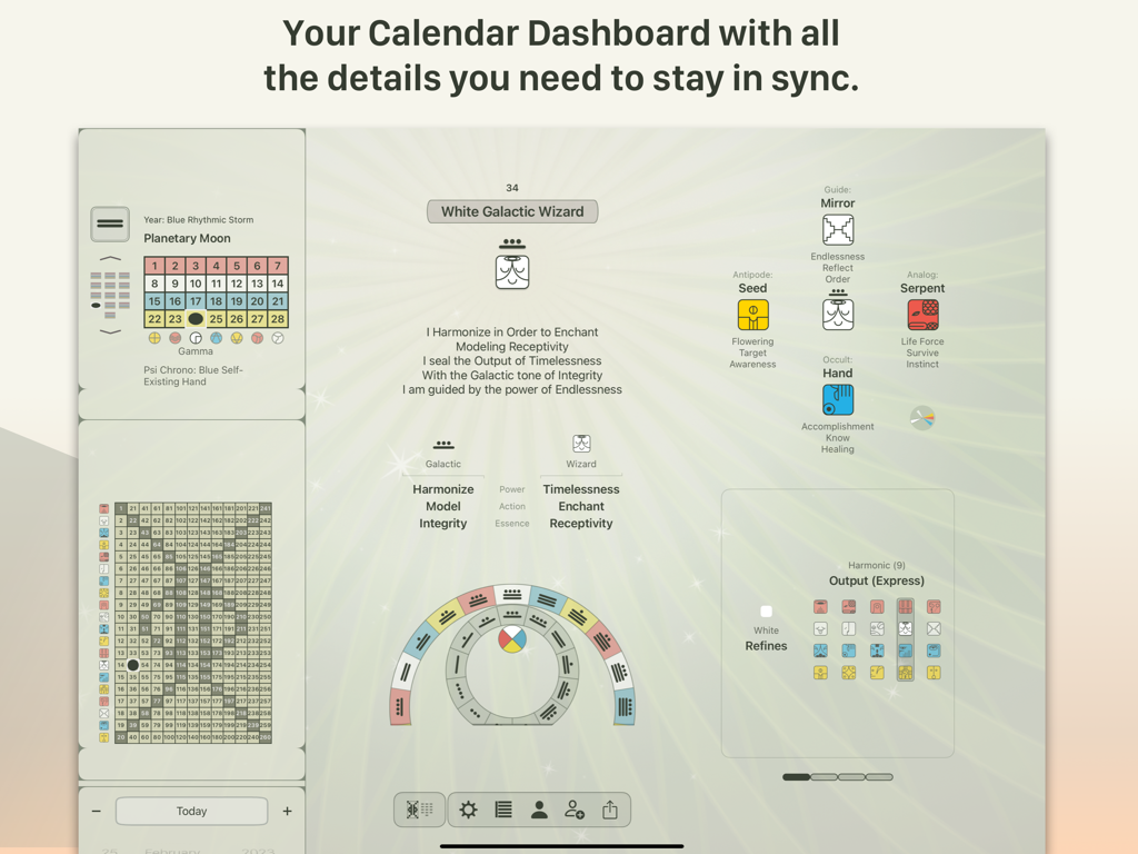 13:20:Sync - DB - 13:20:Sync app interface displaying the White Galactic Wizard galactic signature and Mayan calendar details