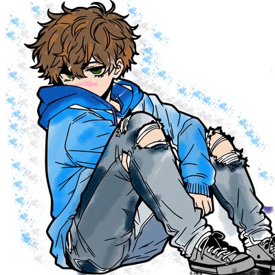 a male hoddie ripped jeans messy hair anime
