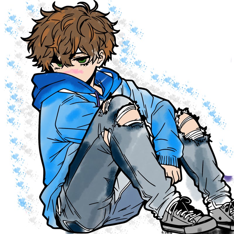 a male hoddie ripped jeans messy hair anime