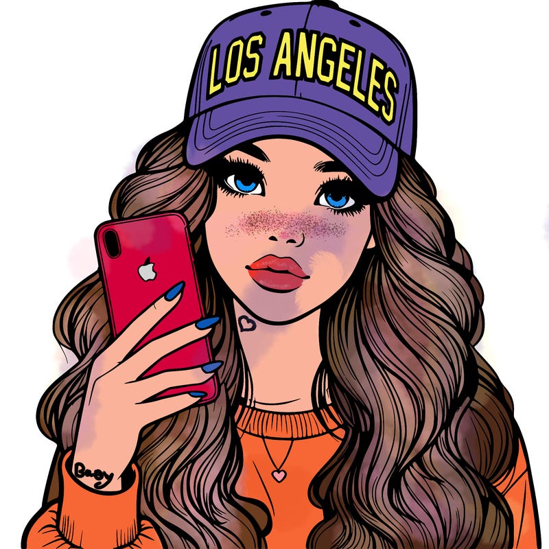 realistic beautiful girl wearing los ángeles cap holding an iphone