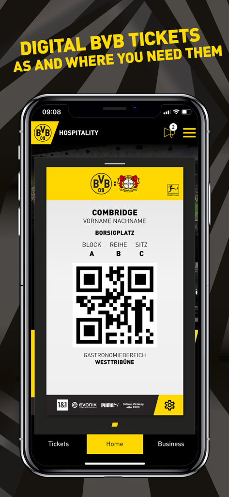 Ein Smartphone-Bildschirm mit einem digitalen VIP-Match-Ticket mit einem QR-Code innerhalb der BVB Hospitality App