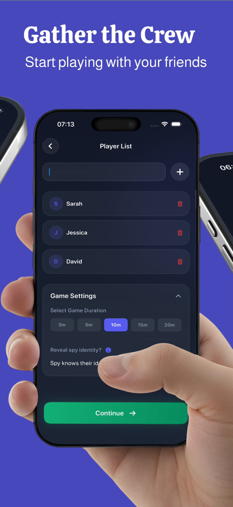 Spy Detect - Setup screen of Spy Detect app showing player list and game duration options