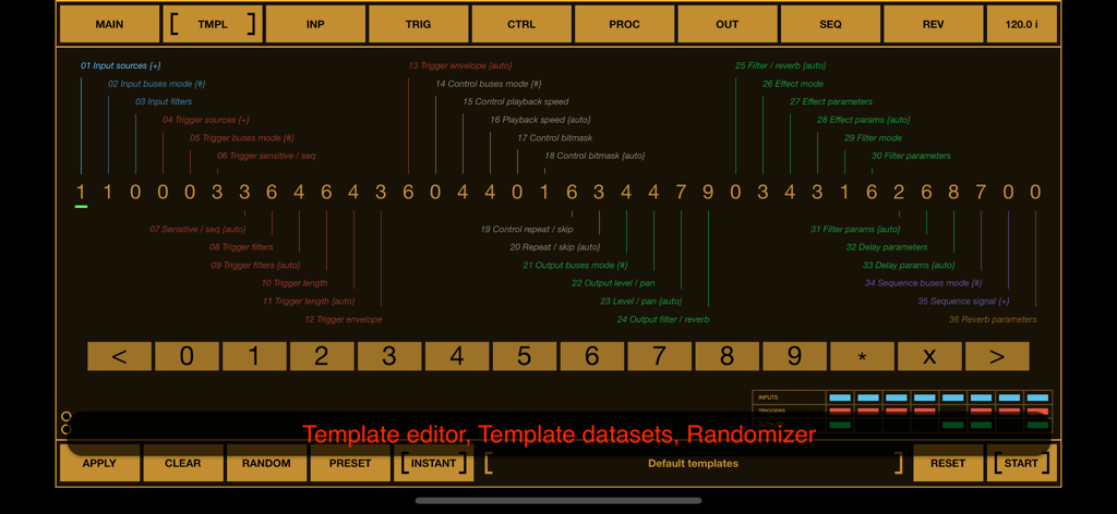 BeatCutter - Interfaz del editor de plantillas de la aplicación BeatCutter que muestra parámetros numéricos y controles aleatorios para el diseño de sonido.