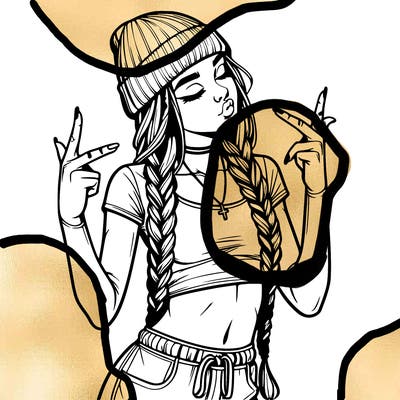 realistic teenage girl with braids and a beanie and crop top doing 🫶🏼