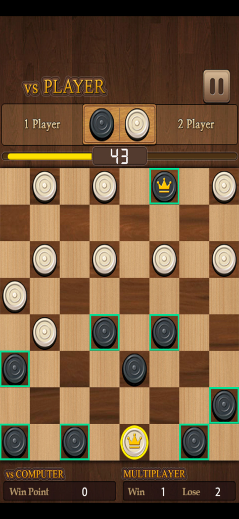 Gameplay screen of King of Checkers board game showing black and white pieces on a wooden style board