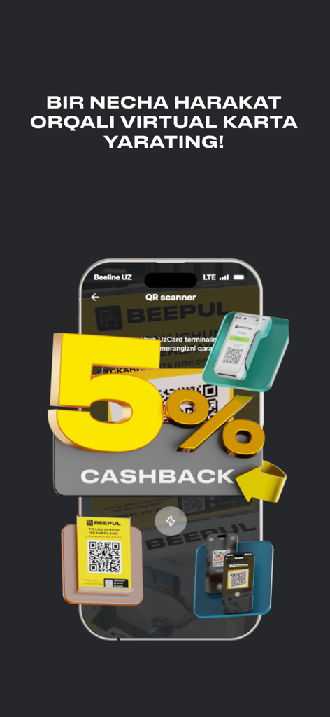Interfaz de la aplicación Beepul que muestra una oferta de 5 por ciento de reembolso para pagos QR y creación de tarjetas virtuales en uzbeko.