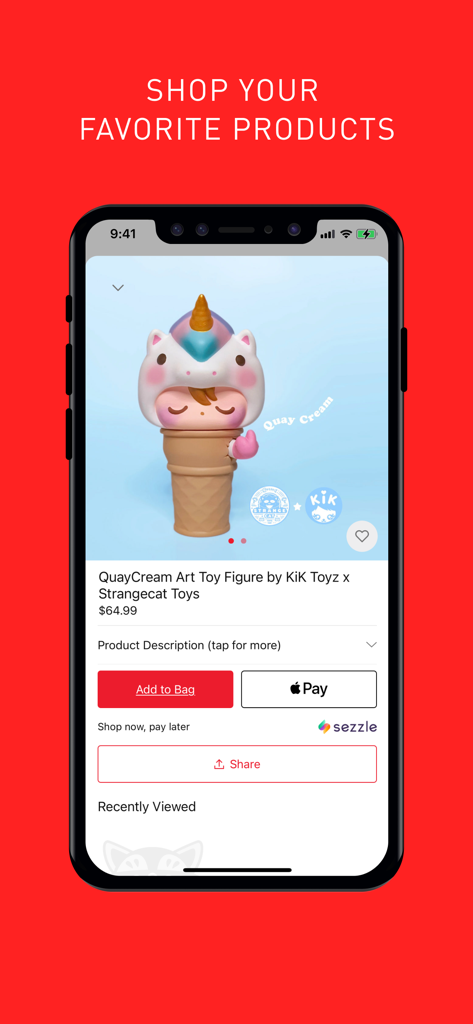 Mindzai Toy Shop - Pantalla de producto de la app Mindzai Toy Shop mostrando una figura de juguete de diseñador con opciones de añadir al carrito y Apple Pay