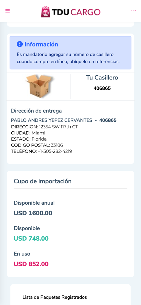 TDU Cargo - TDU Cargo mobile app dashboard showing shipping address and import quota status.