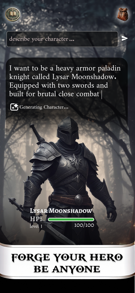 AI生成アートワークを備えた、Lysar Moonshadowという名前のカスタムパラディン騎士を表示するAIキャラクター作成画面。