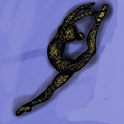 gymnast doing a leap in a leotard with a bent back leg