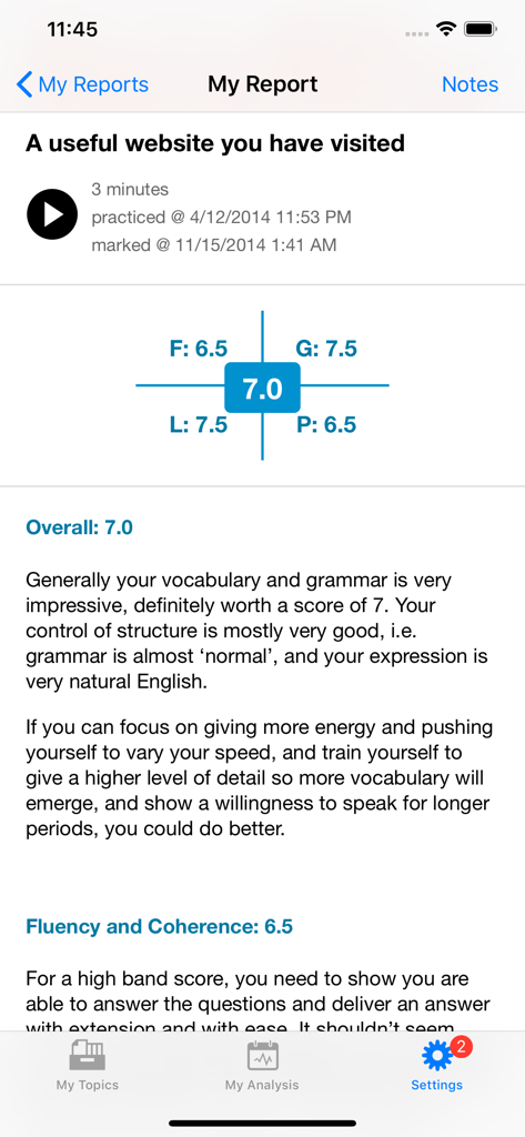 IELTSpeaking - A detailed IELTS Speaking score report showing an overall band score of 7.0 and specific feedback for fluency and grammar.