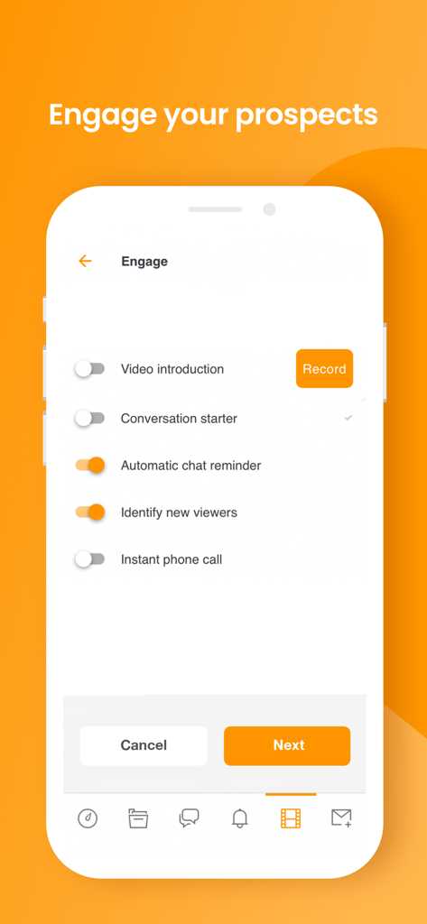 GetAccept - GetAccept app interface showing prospect engagement settings including video introduction and chat reminders.
