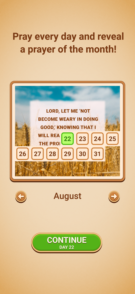 Cryptogram: Bible Code - A daily prayer calendar feature in the Bible Code app showing a scripture verse for August